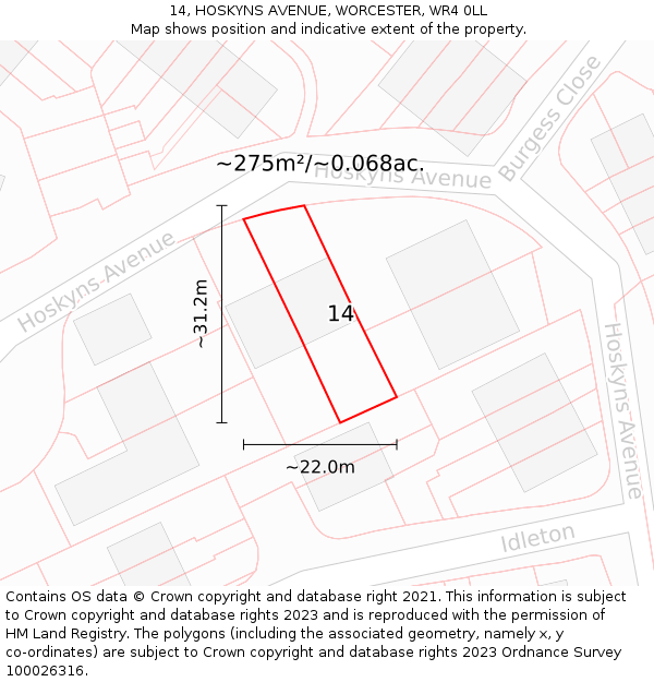 14, HOSKYNS AVENUE, WORCESTER, WR4 0LL: Plot and title map