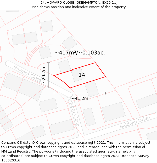14, HOWARD CLOSE, OKEHAMPTON, EX20 1UJ: Plot and title map