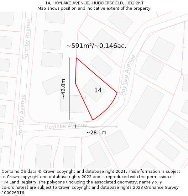 14, HOYLAKE AVENUE, HUDDERSFIELD, HD2 2NT: Plot and title map