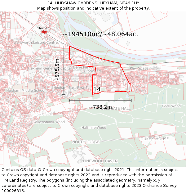 14, HUDSHAW GARDENS, HEXHAM, NE46 1HY: Plot and title map