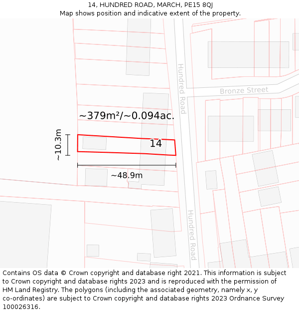 14, HUNDRED ROAD, MARCH, PE15 8QJ: Plot and title map
