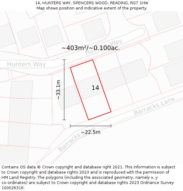 14, HUNTERS WAY, SPENCERS WOOD, READING, RG7 1HW: Plot and title map