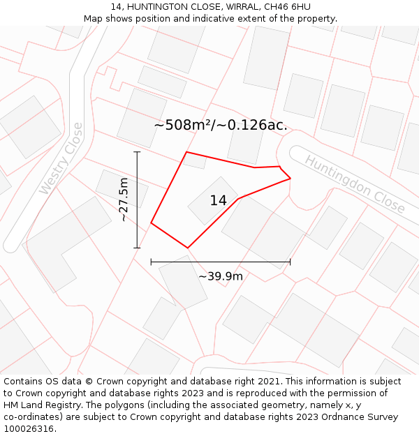 14, HUNTINGTON CLOSE, WIRRAL, CH46 6HU: Plot and title map