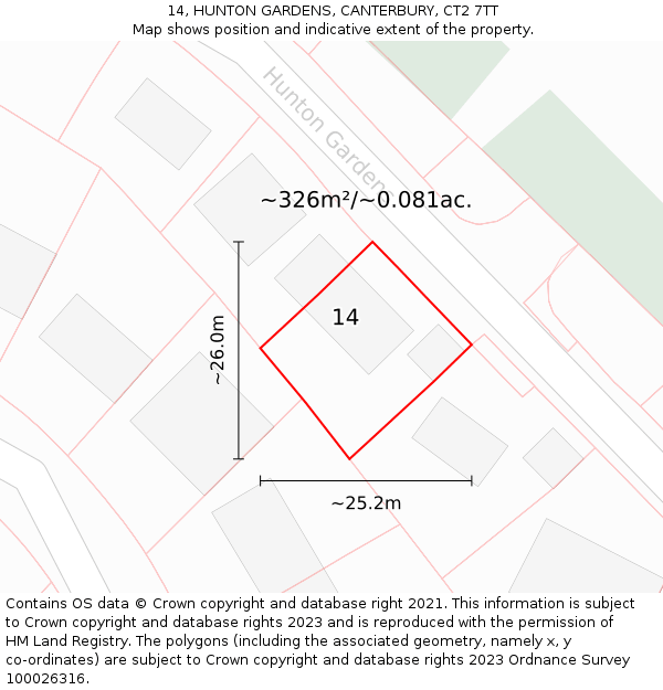 14, HUNTON GARDENS, CANTERBURY, CT2 7TT: Plot and title map