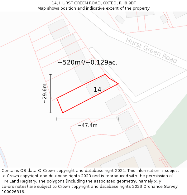 14, HURST GREEN ROAD, OXTED, RH8 9BT: Plot and title map