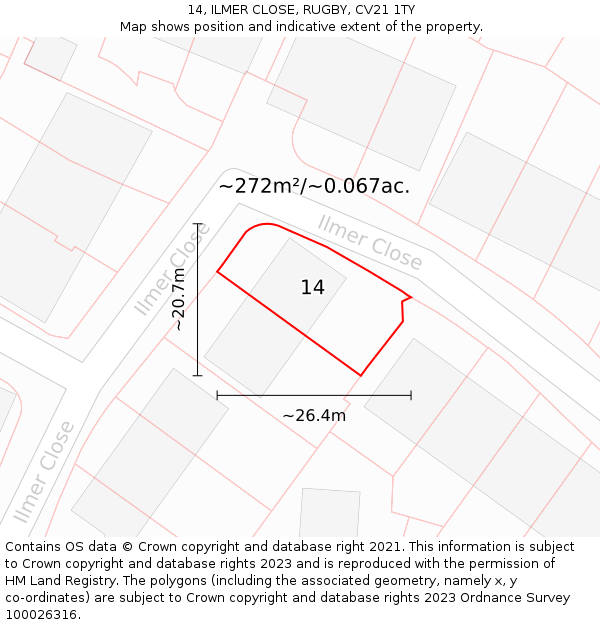 14, ILMER CLOSE, RUGBY, CV21 1TY: Plot and title map