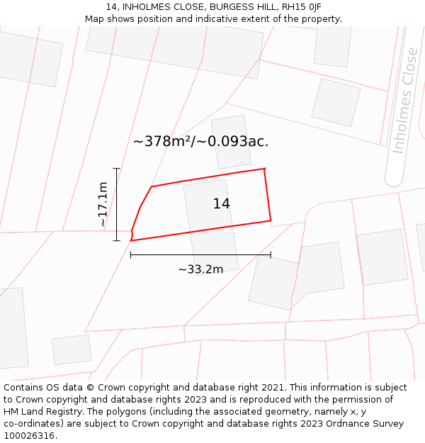 14, INHOLMES CLOSE, BURGESS HILL, RH15 0JF: Plot and title map