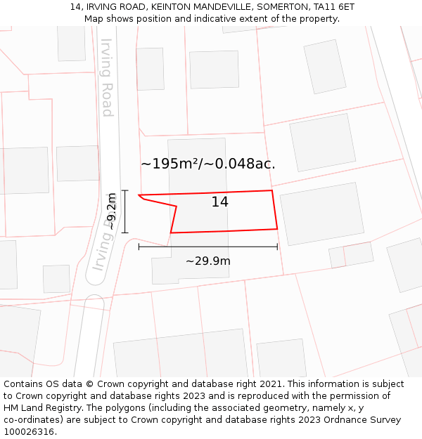 14, IRVING ROAD, KEINTON MANDEVILLE, SOMERTON, TA11 6ET: Plot and title map