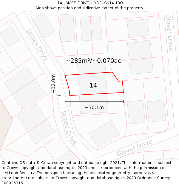 14, JAMES DRIVE, HYDE, SK14 1RQ: Plot and title map