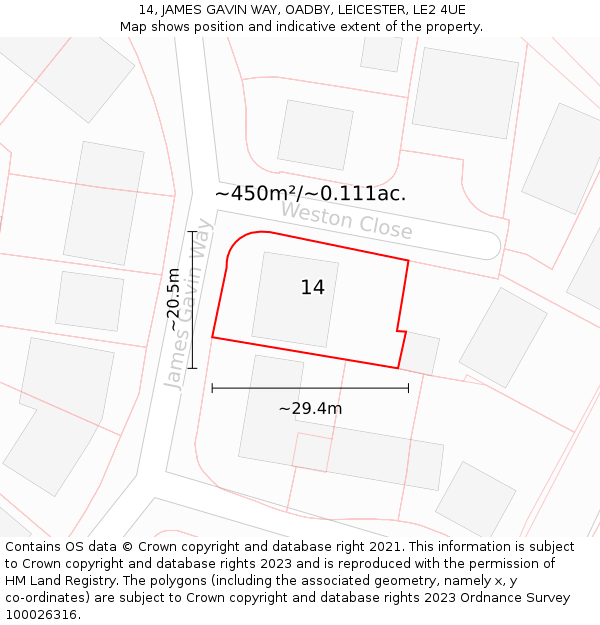 14, JAMES GAVIN WAY, OADBY, LEICESTER, LE2 4UE: Plot and title map