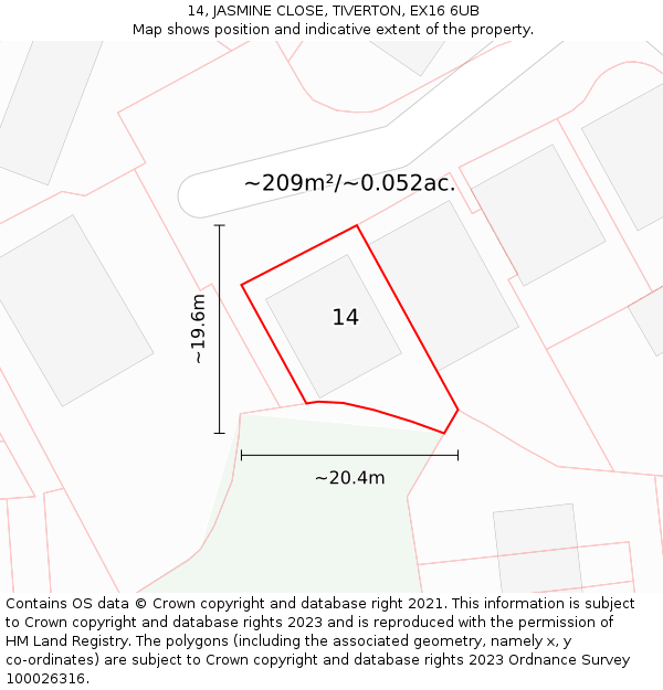 14, JASMINE CLOSE, TIVERTON, EX16 6UB: Plot and title map