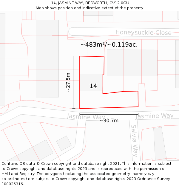 14, JASMINE WAY, BEDWORTH, CV12 0GU: Plot and title map