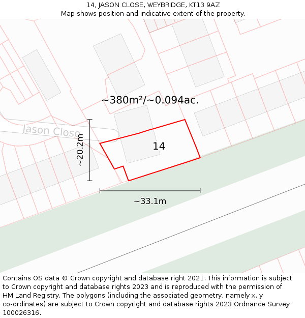 14, JASON CLOSE, WEYBRIDGE, KT13 9AZ: Plot and title map