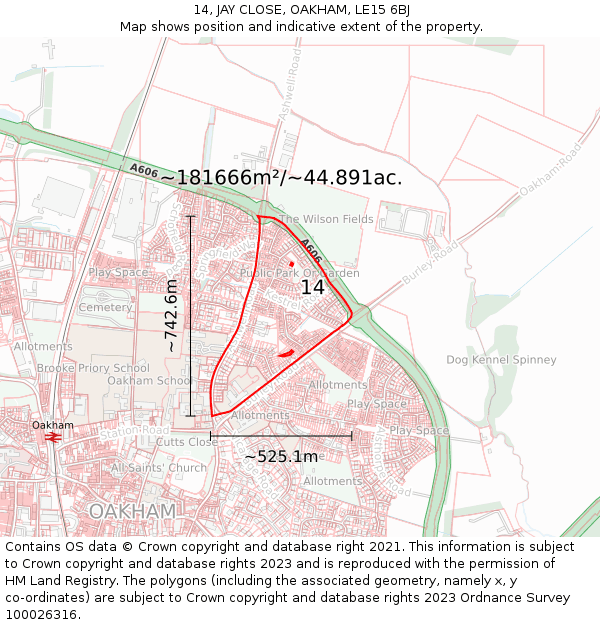 14, JAY CLOSE, OAKHAM, LE15 6BJ: Plot and title map