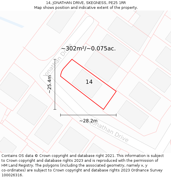 14, JONATHAN DRIVE, SKEGNESS, PE25 1RR: Plot and title map