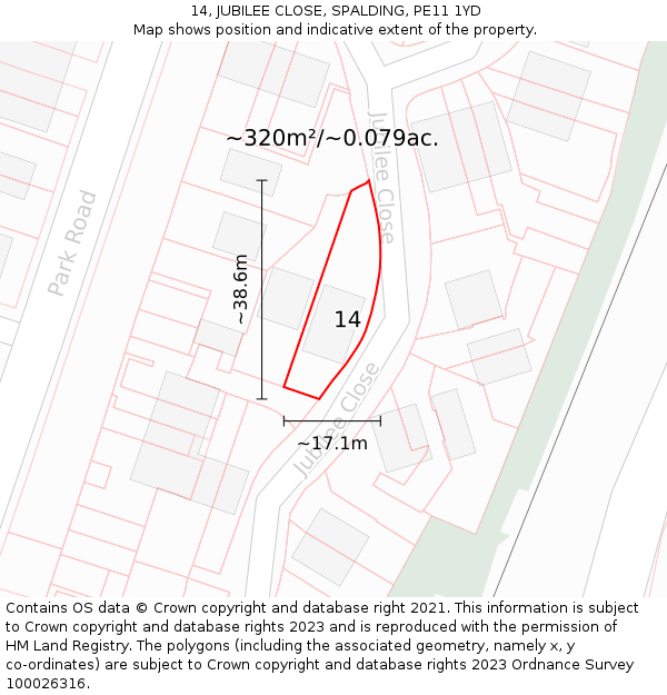 14, JUBILEE CLOSE, SPALDING, PE11 1YD: Plot and title map