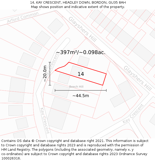 14, KAY CRESCENT, HEADLEY DOWN, BORDON, GU35 8AH: Plot and title map