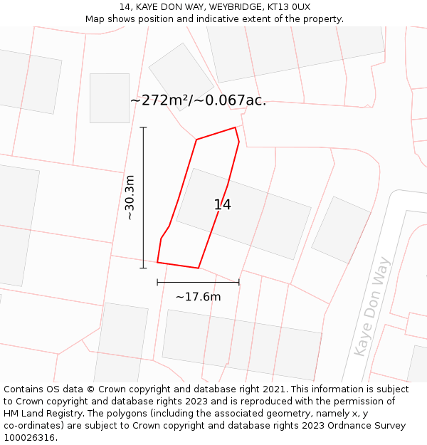 14, KAYE DON WAY, WEYBRIDGE, KT13 0UX: Plot and title map