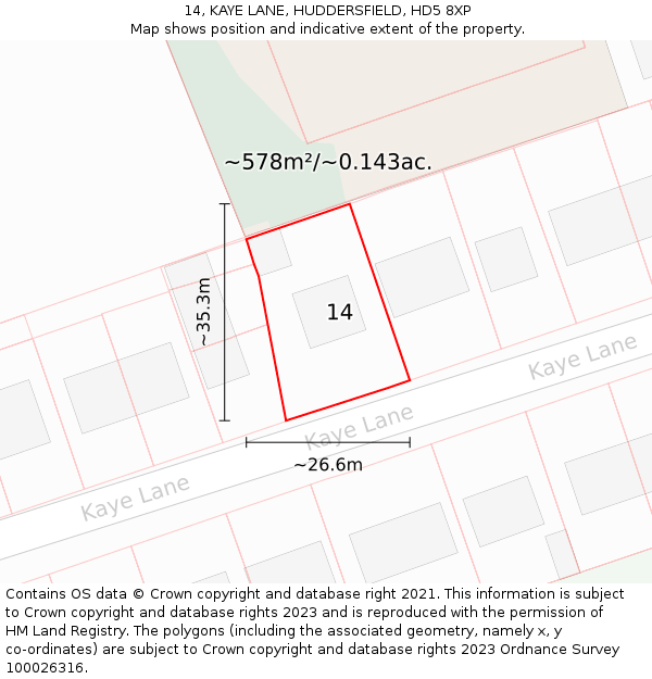 14, KAYE LANE, HUDDERSFIELD, HD5 8XP: Plot and title map