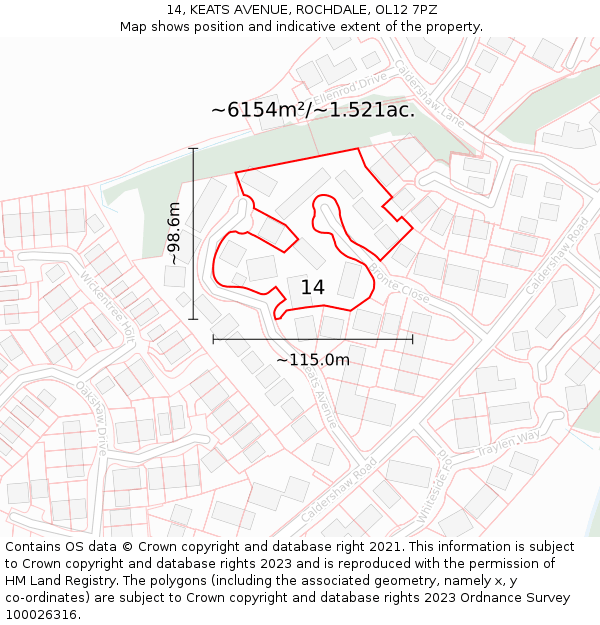 14, KEATS AVENUE, ROCHDALE, OL12 7PZ: Plot and title map