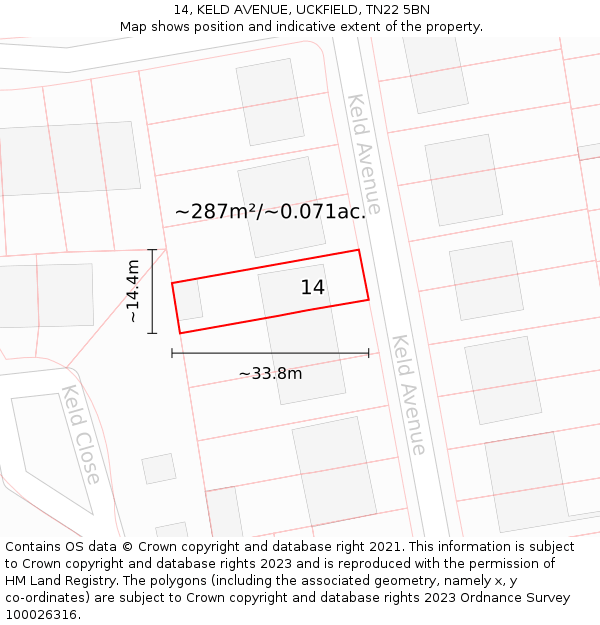 14, KELD AVENUE, UCKFIELD, TN22 5BN: Plot and title map