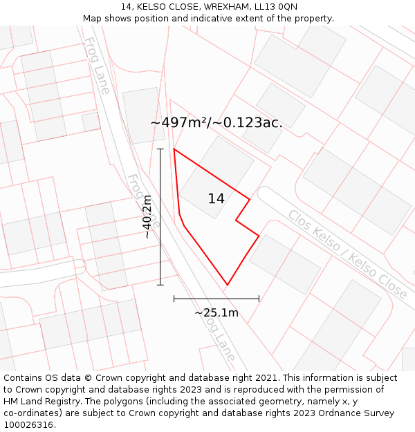 14, KELSO CLOSE, WREXHAM, LL13 0QN: Plot and title map