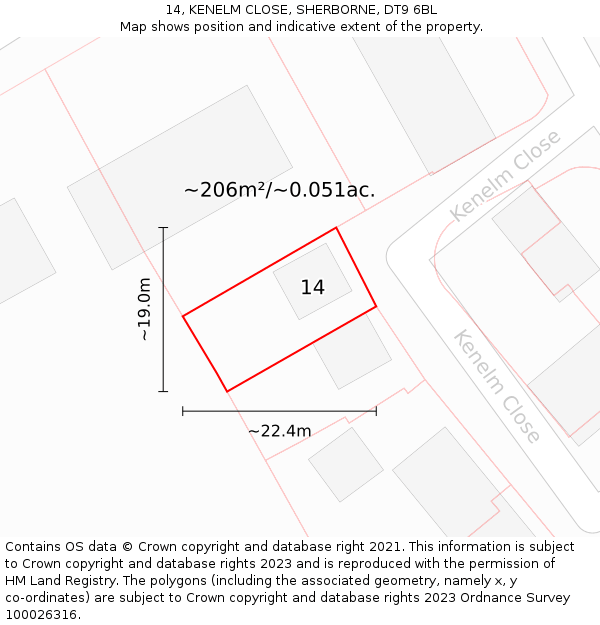 14, KENELM CLOSE, SHERBORNE, DT9 6BL: Plot and title map