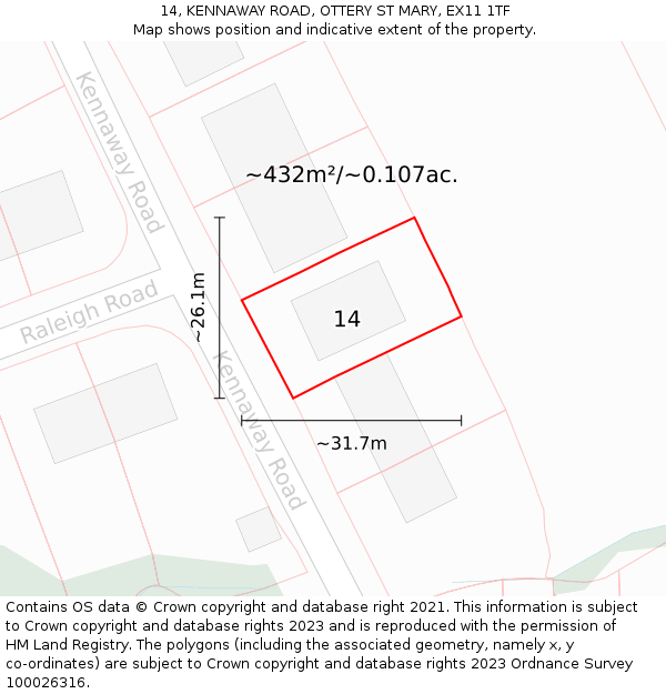 14, KENNAWAY ROAD, OTTERY ST MARY, EX11 1TF: Plot and title map