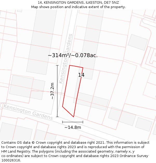 14, KENSINGTON GARDENS, ILKESTON, DE7 5NZ: Plot and title map