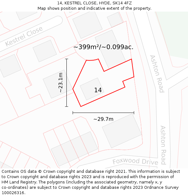 14, KESTREL CLOSE, HYDE, SK14 4FZ: Plot and title map