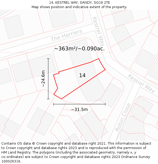 14, KESTREL WAY, SANDY, SG19 2TE: Plot and title map