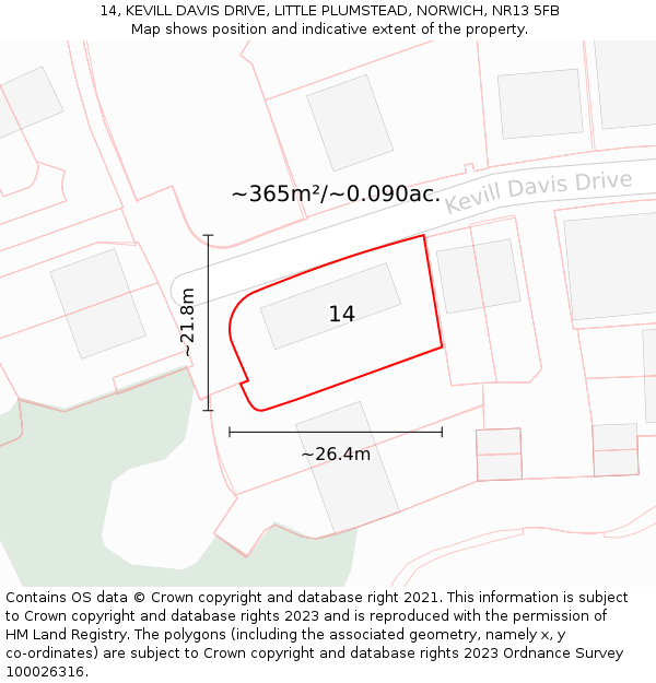 14, KEVILL DAVIS DRIVE, LITTLE PLUMSTEAD, NORWICH, NR13 5FB: Plot and title map