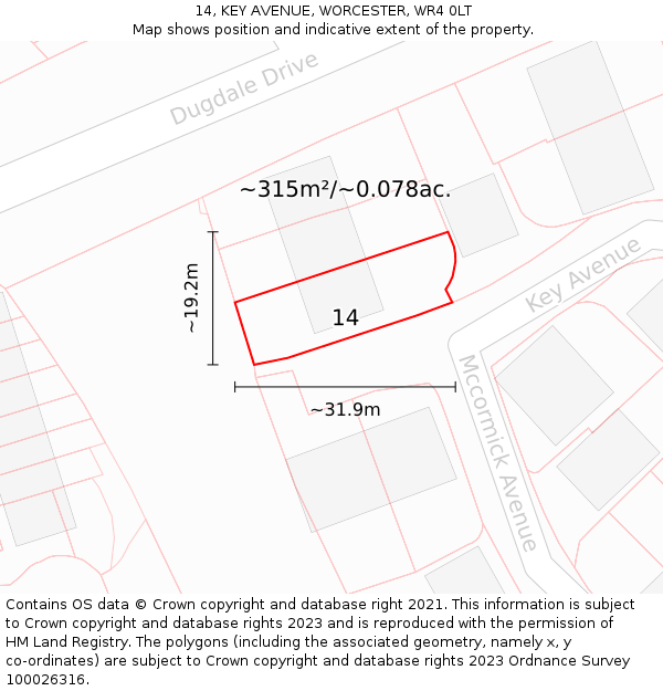 14, KEY AVENUE, WORCESTER, WR4 0LT: Plot and title map