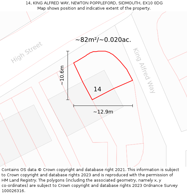 14, KING ALFRED WAY, NEWTON POPPLEFORD, SIDMOUTH, EX10 0DG: Plot and title map