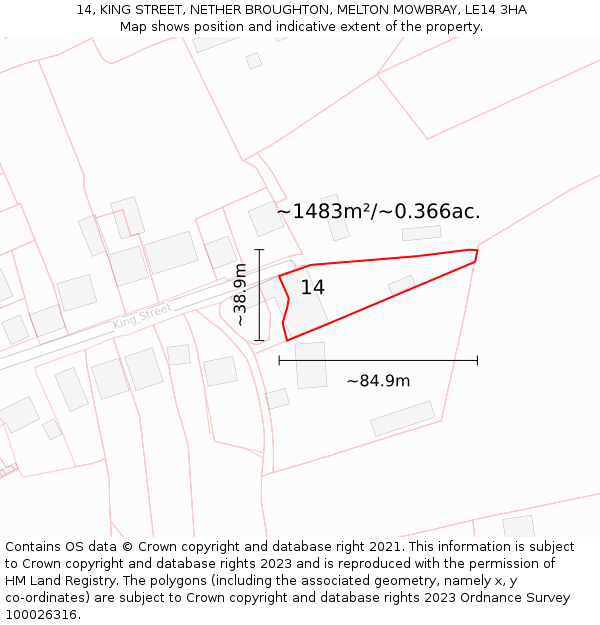 14, KING STREET, NETHER BROUGHTON, MELTON MOWBRAY, LE14 3HA: Plot and title map