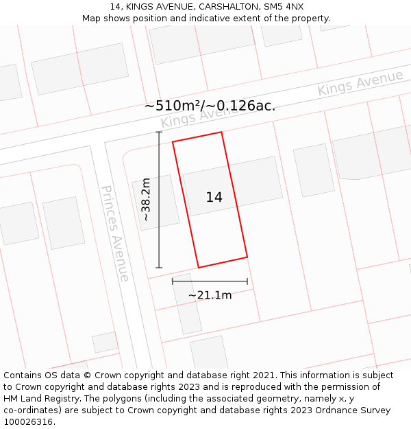 14, KINGS AVENUE, CARSHALTON, SM5 4NX: Plot and title map