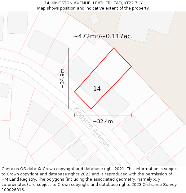 14, KINGSTON AVENUE, LEATHERHEAD, KT22 7HY: Plot and title map