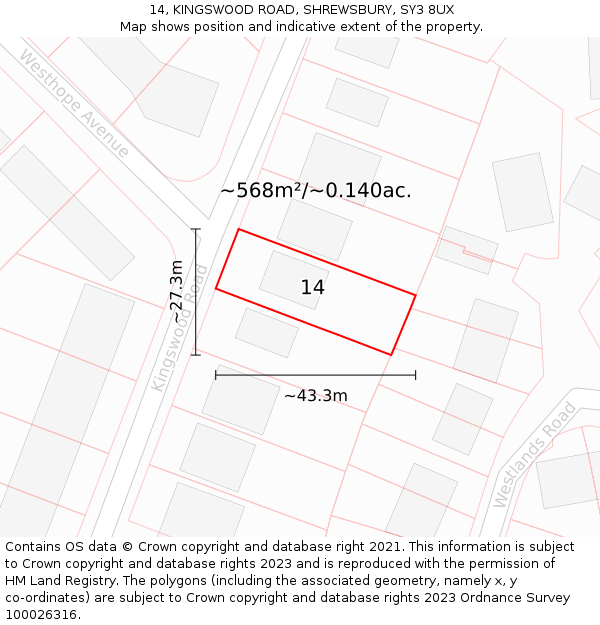 14, KINGSWOOD ROAD, SHREWSBURY, SY3 8UX: Plot and title map