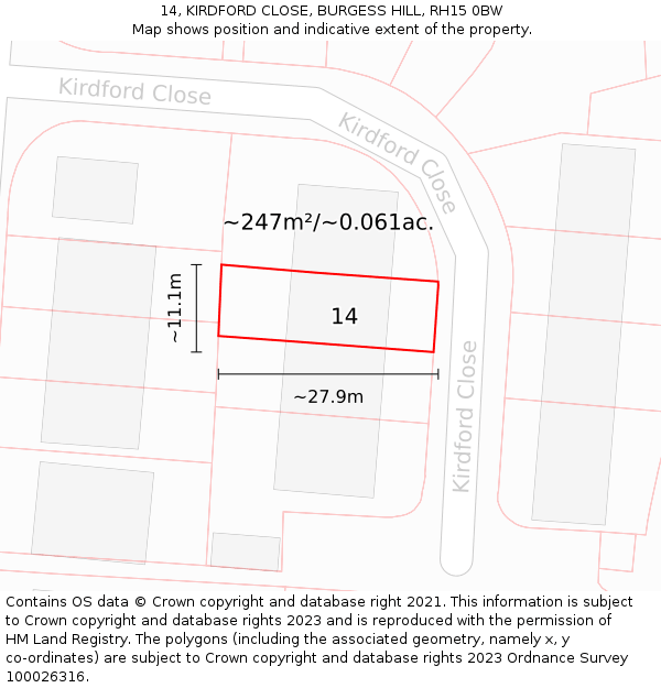 14, KIRDFORD CLOSE, BURGESS HILL, RH15 0BW: Plot and title map