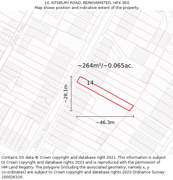 14, KITSBURY ROAD, BERKHAMSTED, HP4 3EG: Plot and title map