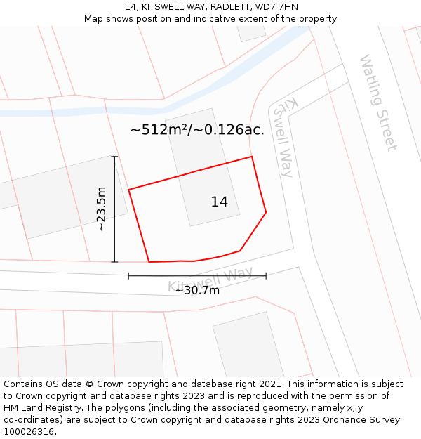 14, KITSWELL WAY, RADLETT, WD7 7HN: Plot and title map