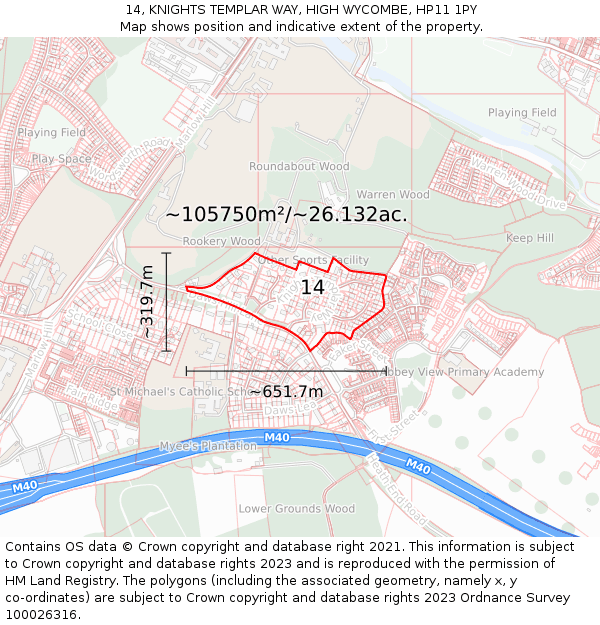 14, KNIGHTS TEMPLAR WAY, HIGH WYCOMBE, HP11 1PY: Plot and title map