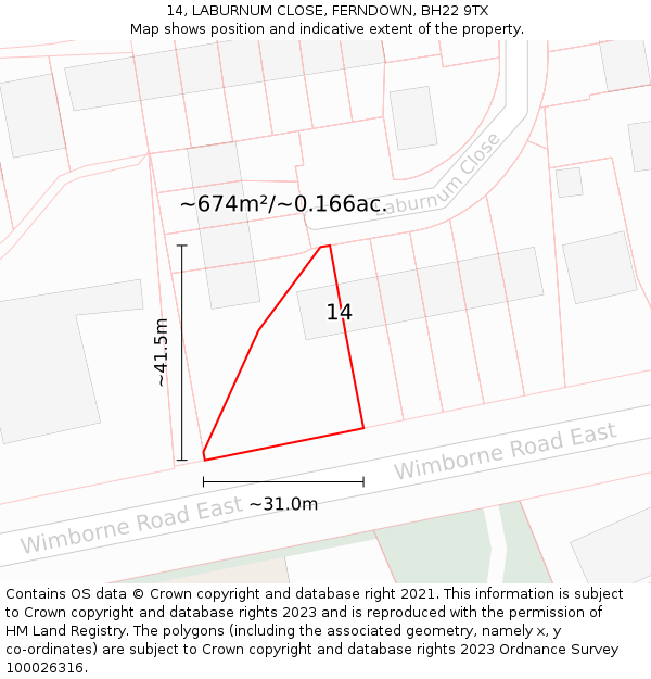 14, LABURNUM CLOSE, FERNDOWN, BH22 9TX: Plot and title map