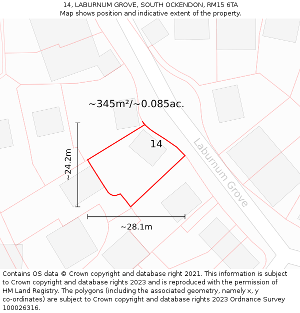 14, LABURNUM GROVE, SOUTH OCKENDON, RM15 6TA: Plot and title map