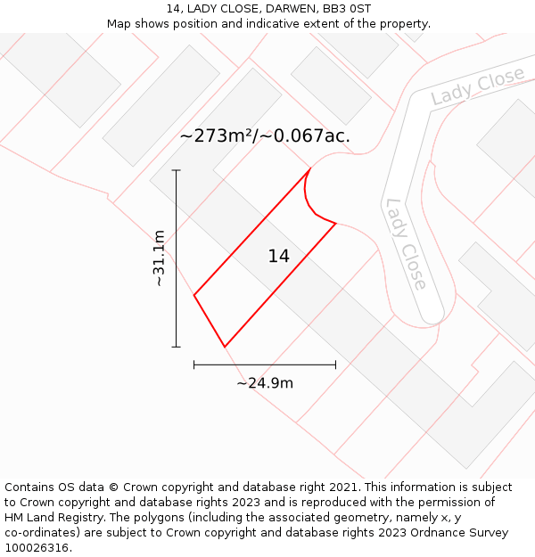 14, LADY CLOSE, DARWEN, BB3 0ST: Plot and title map