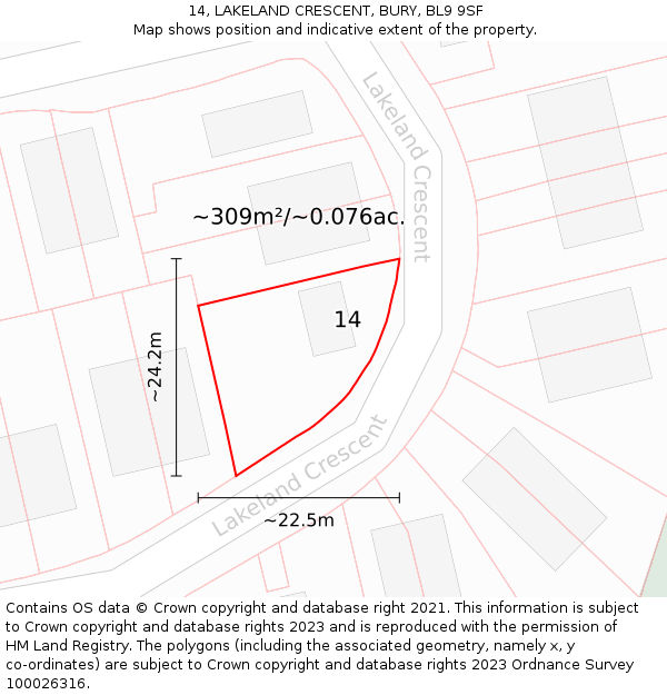 14, LAKELAND CRESCENT, BURY, BL9 9SF: Plot and title map