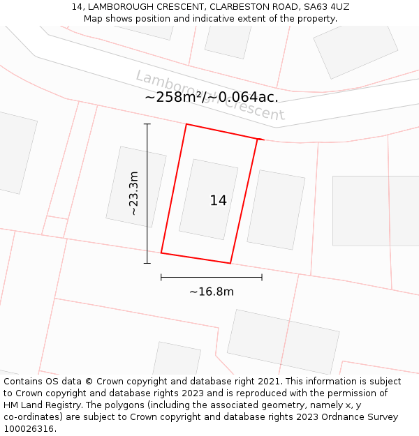 14, LAMBOROUGH CRESCENT, CLARBESTON ROAD, SA63 4UZ: Plot and title map