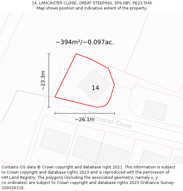 14, LANCASTER CLOSE, GREAT STEEPING, SPILSBY, PE23 5HA: Plot and title map