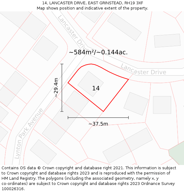 14, LANCASTER DRIVE, EAST GRINSTEAD, RH19 3XF: Plot and title map