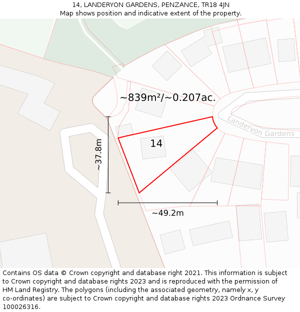 14, LANDERYON GARDENS, PENZANCE, TR18 4JN: Plot and title map